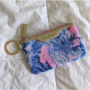 Lilly Pulitzer Wallet Pink Blue Zip ID Case Gold Tone Keychain Card Holder NEW